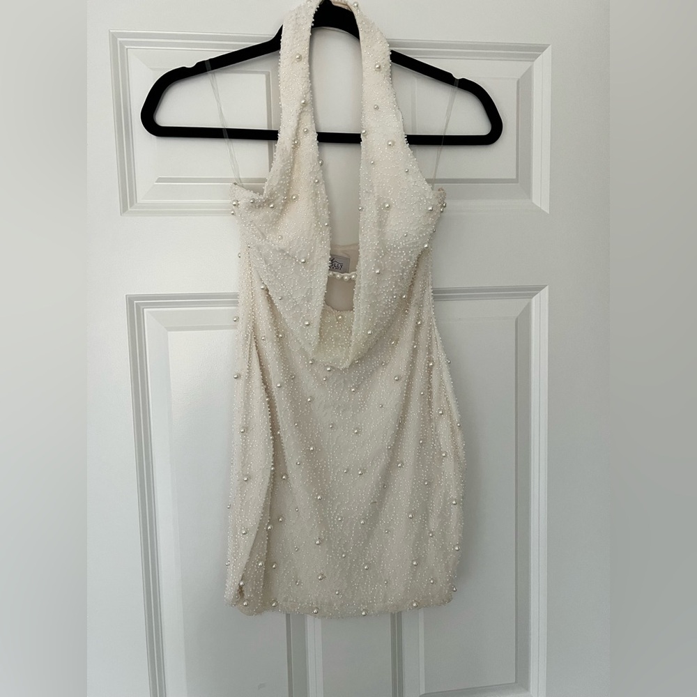 Oh Polly Pearl-Studded White Halter Backless Dress